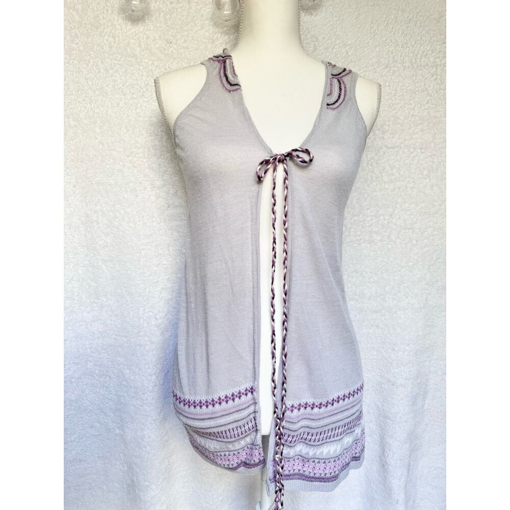 Lulumari Gray & Purple Ramie & Rayon Blend Front Tie Sleeveless Cardigan Medium